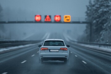 Fototapeta premium White car driving on foggy winter highway with warning signs and taillights