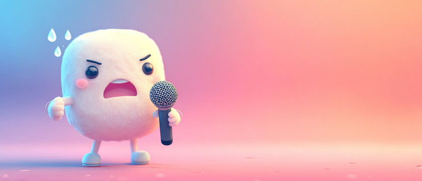 Cute cartoon marshmallow character sweating and holding a microphone against a colorful pastel gradient background. Concept of stage fright or public speaking.