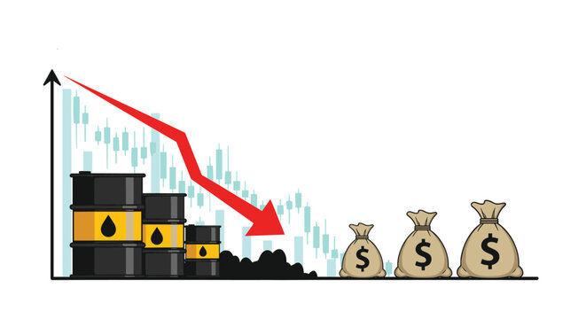 Business chart shows a red arrow falling past oil barrels towards money bags, illustrating the economic impact of decreasing crude oil prices.