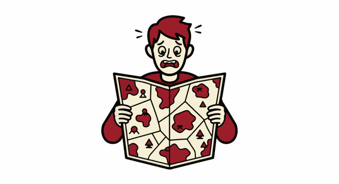 Cartoon man shocked by colorful patterned pizza slice.