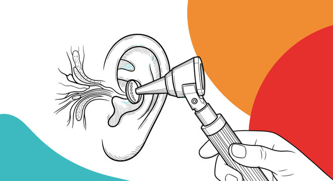 Detailed line art drawing of an ear being examined with a medical otoscope tool to check for health issues or hearing loss.