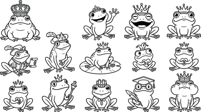 Cute Frog King Character Illustration Collection Featuring Crowned Cartoon Toads, Funny Royal Amphibians, and Kawaii Vector Mascot Designs