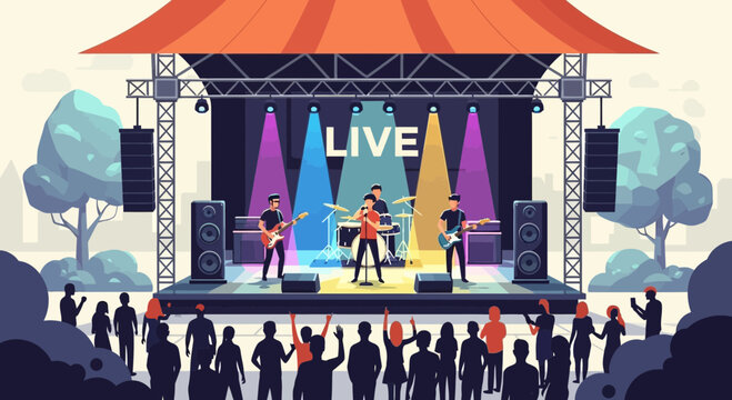 Live Music Band Performing on Outdoor Stage with Spotlights and Crowd