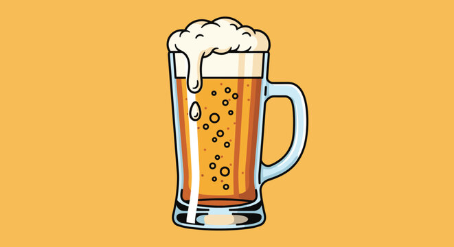 Refreshing glass mug filled with cold amber beer and thick white frothy foam dripping down the side on yellow background.