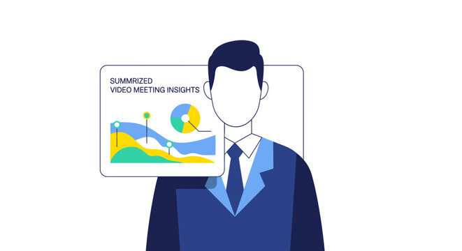 Summarized Video Meeting Insights Dashboard with Businessman Character, Data Analytics and Business Intelligence Illustration