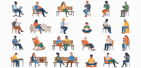 Fototapeta premium Vector Entourage Illustration Collection of People Sitting — Architectural Scale Figures for Interior and Exterior Renderings