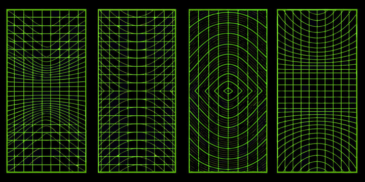 Green grid distortion pattern on black background abstract technical illustration
