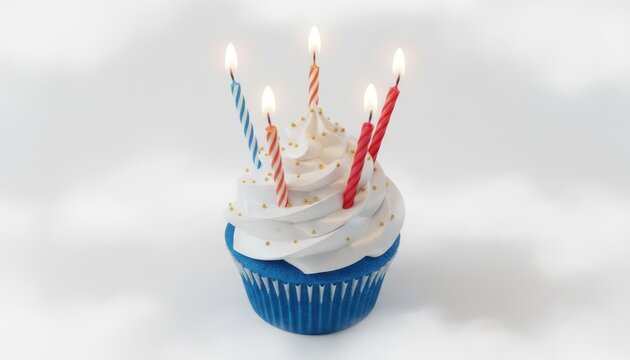 Birthday cupcake with five lit candles, festive blue muffin with white frosting and gold sprinkles, celebration dessert on white background