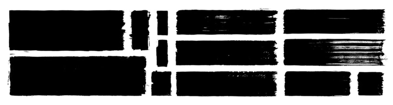Vector straight wide brush stroke set. Black paint tags, ink boxes, bold grunge strokes. Calligraphy brushwork sketchy rectangles, stamp texture handdrawn backgrounds, banners, marker label and tag bg