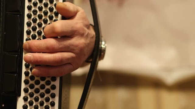 Hand movements on the accordion are shown as music fills the room in a friendly gathering during the evening. The performance captures attention.