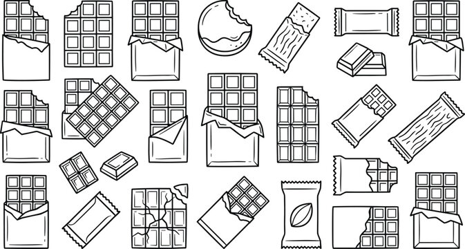 Sweet chocolate blocks and open wrapper line art vector icon set featuring cocoa snacks broken pieces and bitten candy