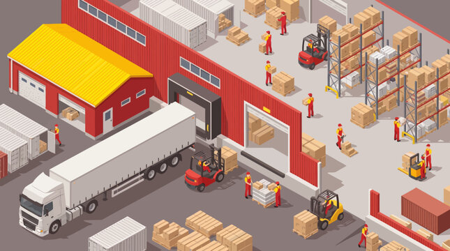 Isometric view of a warehouse with workers loading boxes onto a truck