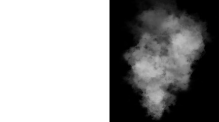 Fototapeta premium Atmospheric white smoke plume on black background, realistic steam cloud texture, ethereal fog and mist overlay for creative compositing