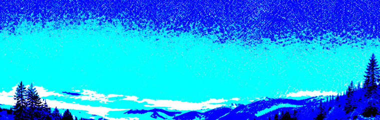 Panoramic mountain landscape with pine tree silhouettes and vivid blue sky in a high-contrast posterized style, ideal for nature backgrounds, travel themes and artistic scenic designs. © Setyo