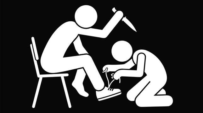 A stick figure sitting on a chair with a knife behind his back while another stick figure ties his shoes illustrating betrayal and danger.