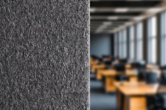 Close-up textured gray acoustic felt panel in a blurred modern office with rows of desks