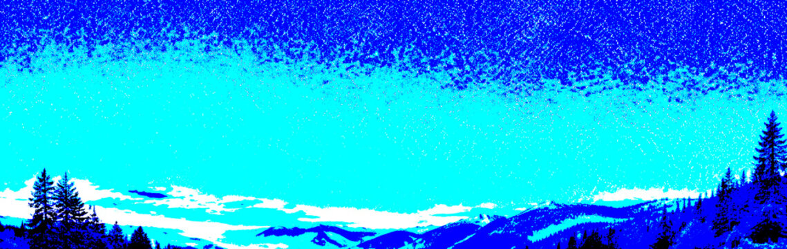 Panoramic mountain landscape with pine tree silhouettes and vivid blue sky in a high-contrast posterized style, ideal for nature backgrounds, travel themes and artistic scenic designs.