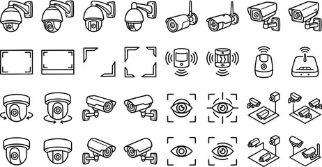 Security camera CCTV surveillance line art vector icon set featuring dome bullet cameras motion sensors and iris scanning © tofajjol studio