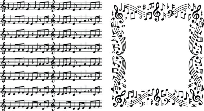 Music notes sheet background and decorative musical border frame vector illustration set featuring treble clef staff lines elements for creative design project