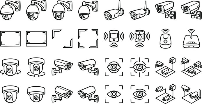 Security camera CCTV surveillance line art vector icon set featuring dome bullet cameras motion sensors and iris scanning