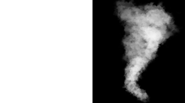 Atmospheric white smoke plume on black background, ethereal steam cloud texture, swirling vapor mist element for compositing and design