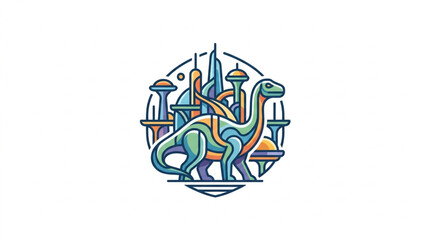 Cartoon Brontosaurus Dinosaur in Futuristic Cityscape. © Siap