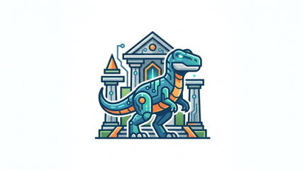 Cartoon Tyrannosaurus Rex Dinosaur Standing in Front of Ancient Building. © Siap