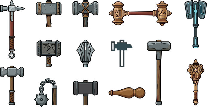 Fantasy Medieval Hammer and Weapon Illustration Collection Featuring Battle Axes, War Hammers, Maces, and RPG Game Vector Designs