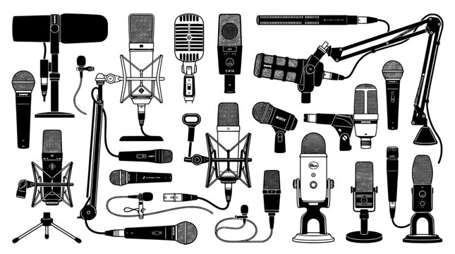 Microphones Collection with Various Types and Designs for Recording and Broadcasting Featuring Studio, Sound, Audio with Equipment and Music Elements
