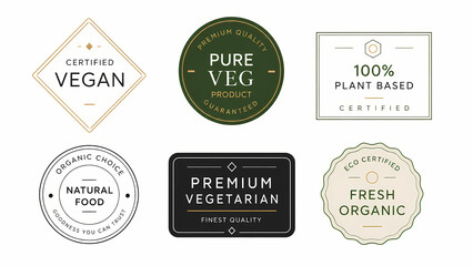 Obraz premium Premium Vegan Certification Badge Collection, Modern Organic Food Packaging Labels, Minimal Commercial Vector Sticker Set