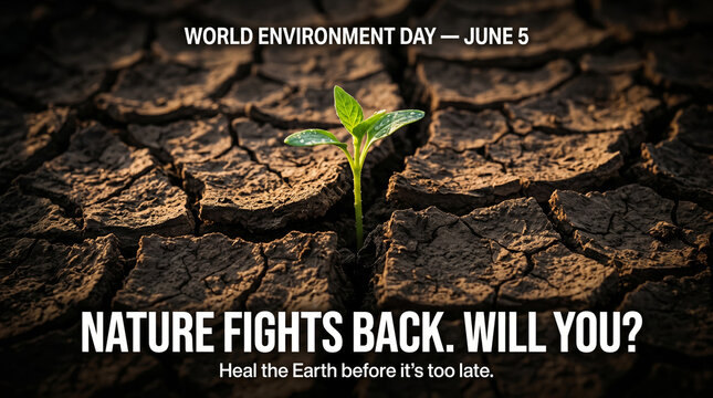  Small green plant sprouting from deep cracks in dry parched earth with climate change message