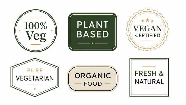 Vegan and Vegetarian Certification Labels Set, Premium Organic Food Packaging Badges, Modern Flat Vector Tags on White Background