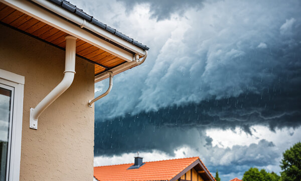 house gutter and roof with heavy rain falling under dark stormy clouds
