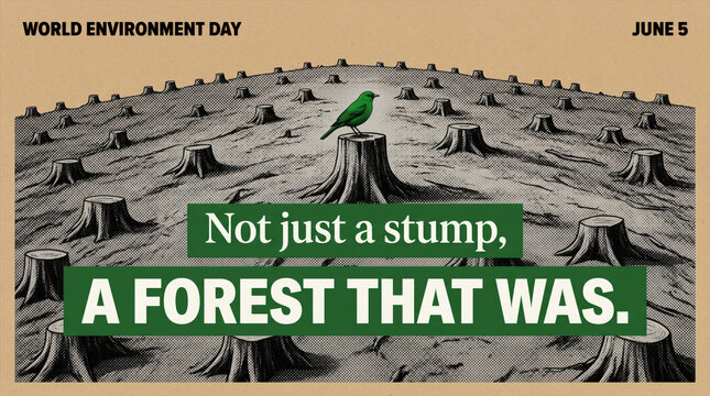  Lone green bird on tree stump in clear-cut deforested landscape engraving illustration poster