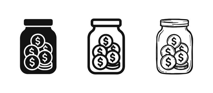 Money Jar with Dollar Coins Icons Set in Three Graphic Styles