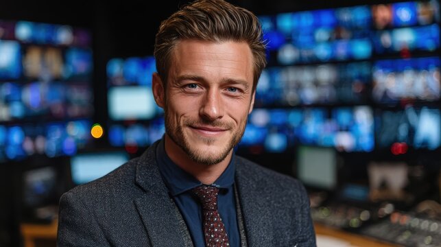 A charismatic male news anchor smiles confidently in front of multiple screens, embodying professionalism while connecting with viewers through engaging and informative reporting.