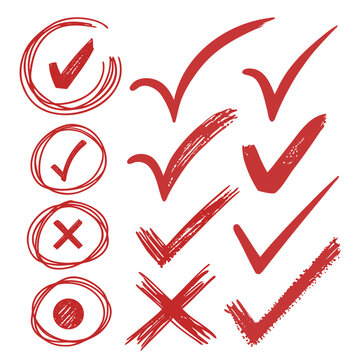 Set of red hand drawn check marks and crosses for survey evaluation in doodle style isolated on white background symbol of correct and wrong signs