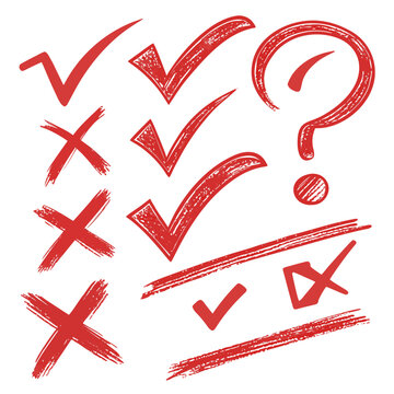 Various red hand drawn check marks and crosses with question mark for survey evaluation in doodle style isolated on white background symbol of sign