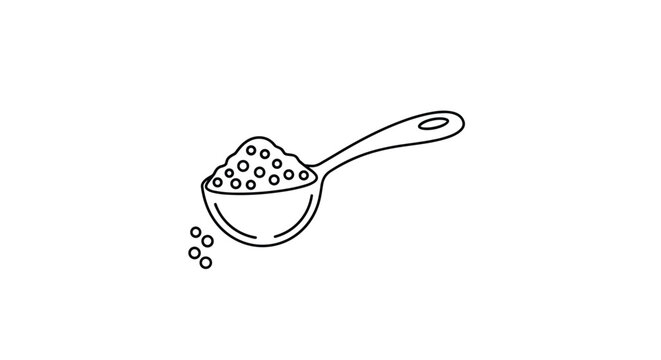 Simple line art drawing of a measuring spoon filled with a heap of granulated powder or spice like salt or sugar.
