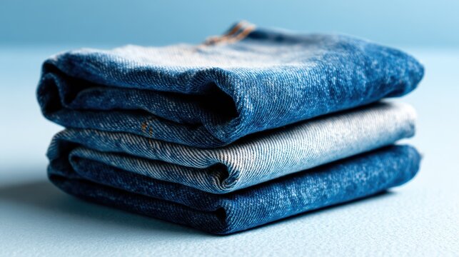 A neatly folded stack of denim jeans sits against a soft blue background, representing timeless fashion staples in casual wear with a touch of relaxed style.