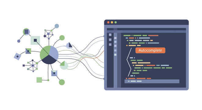 AI Autocomplete and Intelligent Code Suggestion Concept Illustration for Software Development, Artificial Intelligence Programming, and Data-Driven Automation
