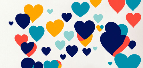 Fototapeta premium scattered colorful heart shapes in blue yellow and red floating across a light neutral setting