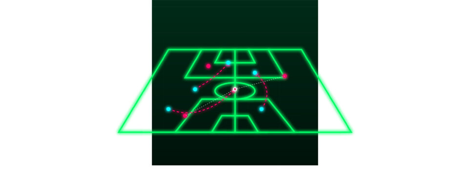 Glowing neon green soccer pitch tactical playboard showing game strategy with vibrant digital player movements.