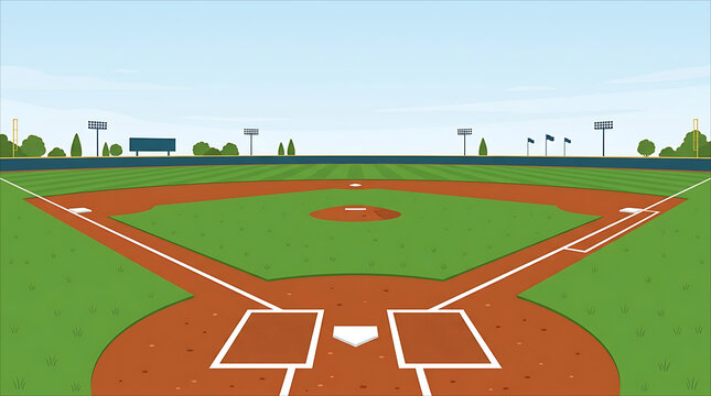 A wide perspective vector illustration of a professional baseball field from behind home plate under a clear sky.
