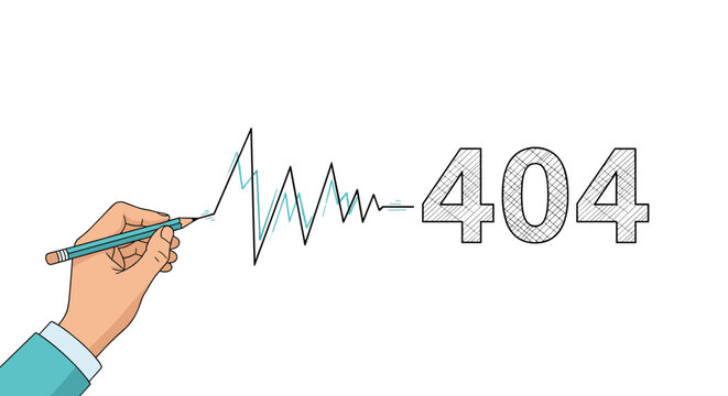 Creative illustration of a hand drawing a jagged line next to the number four zero four representing a common web error.