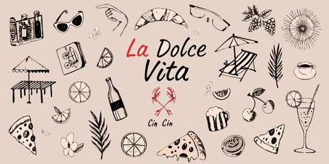 Italian themed Sketch Illustration With Food Travel And Leisure Elements © Dipa