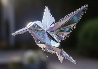 Fototapeta premium Iridescent Metallic Hummingbird in Low Poly Geometric Style with Crystal Details and Holographic Reflections