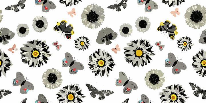 Floral ornament with butterflies a repeating vector pattern on white background