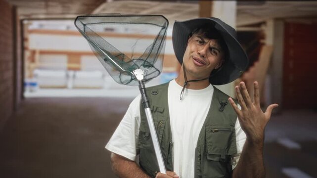 Man holding a landing net, showing five fingers and wearing a brim hat and fishing vest in a building; playful exploration.
