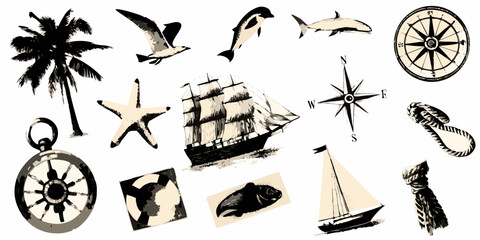 Nautical Illustration Collage With Palm Tree Sailing Ship And Marine Life © Dipa